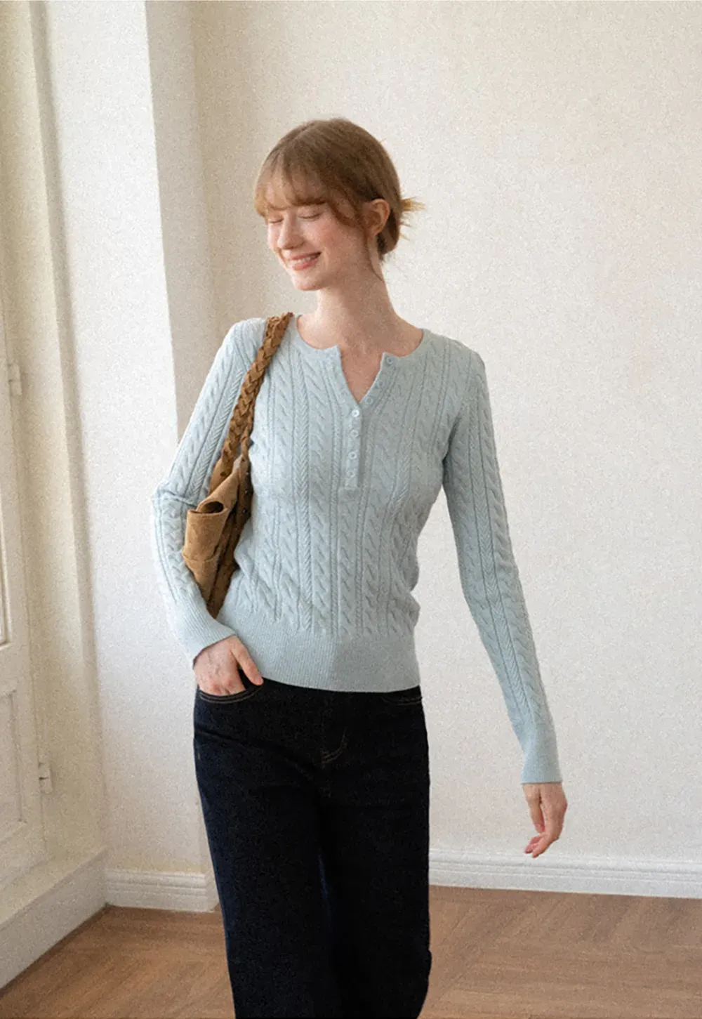 Cable Knit Henley Neck Long Sleeve Woolen Knit Sweater