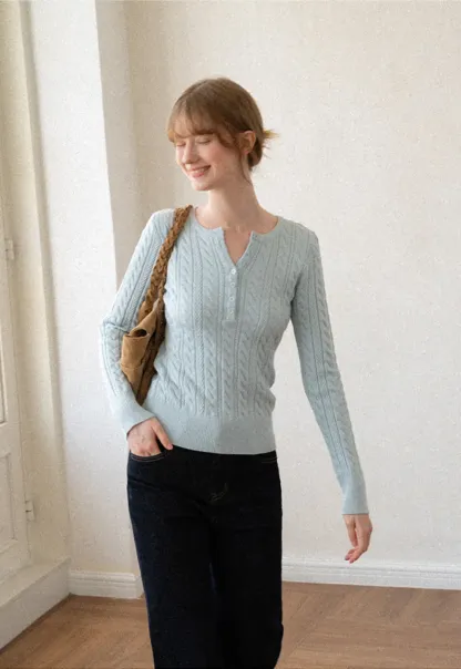 Cable Knit Henley Neck Long Sleeve Woolen Knit Sweater