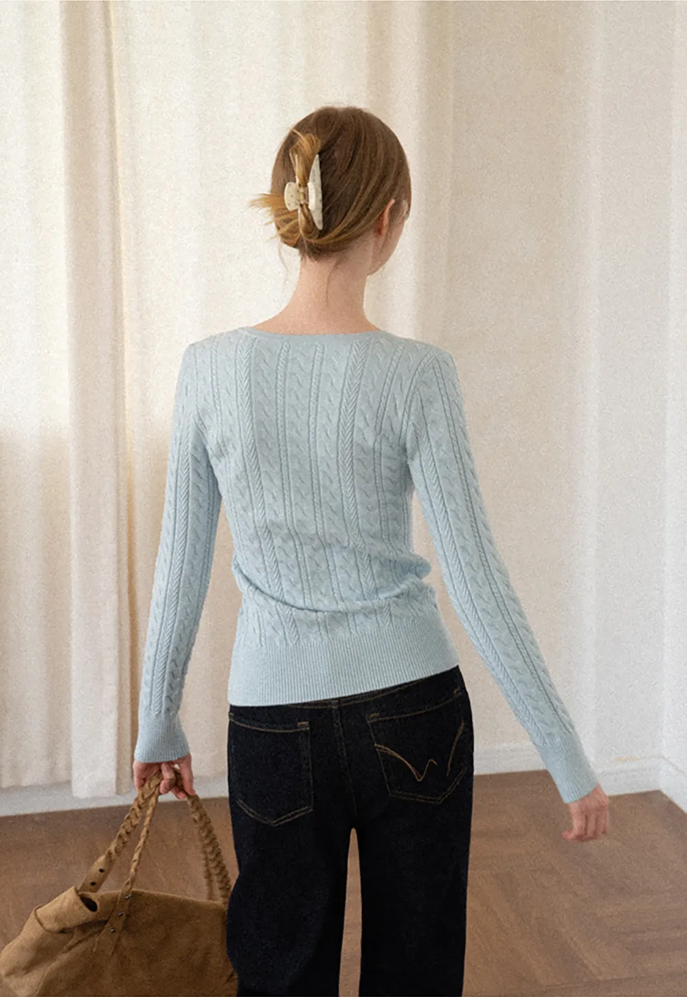 Cable Knit Henley Neck Long Sleeve Woolen Knit Sweater