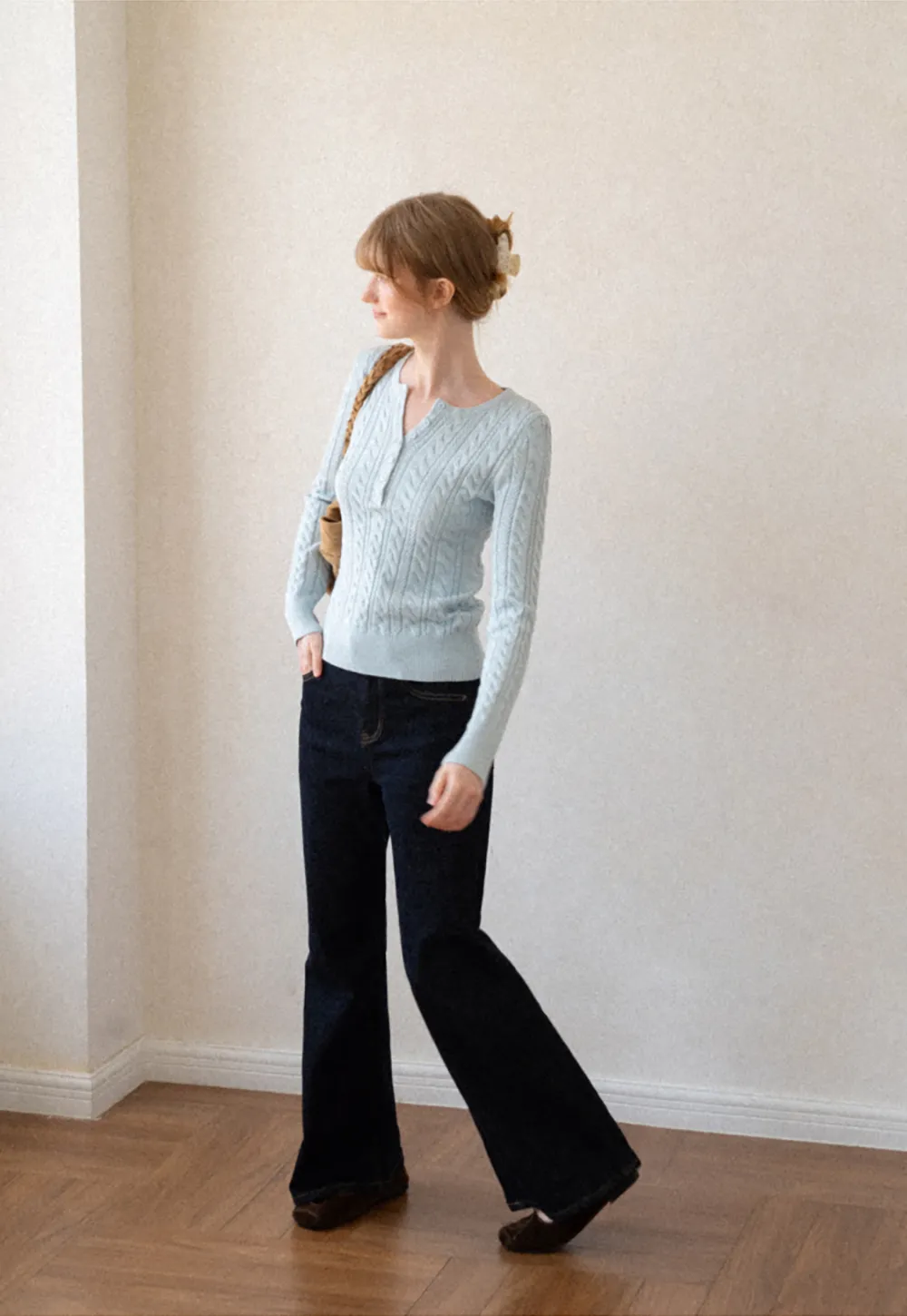 Cable Knit Henley Neck Long Sleeve Woolen Knit Sweater