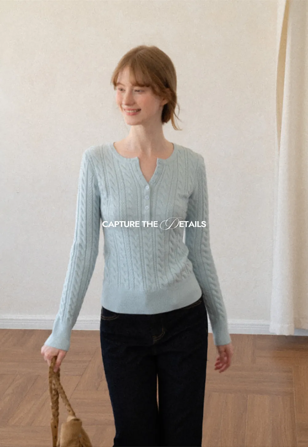 Cable Knit Henley Neck Long Sleeve Woolen Knit Sweater