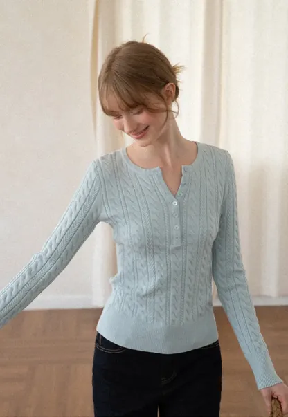 Cable Knit Henley Neck Long Sleeve Woolen Knit Sweater