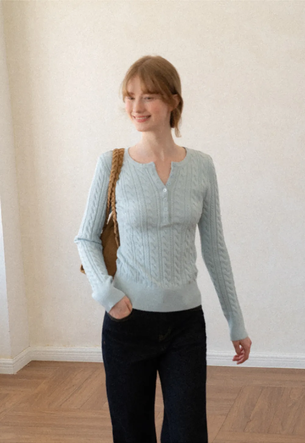 Cable Knit Henley Neck Long Sleeve Woolen Knit Sweater