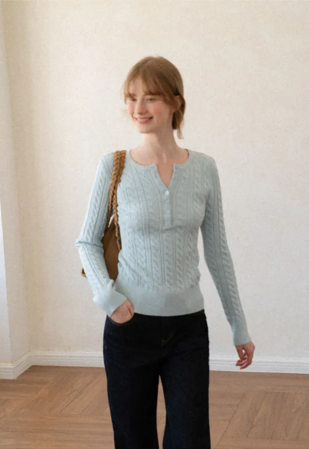 Cable Knit Henley Neck Long Sleeve Woolen Knit Sweater