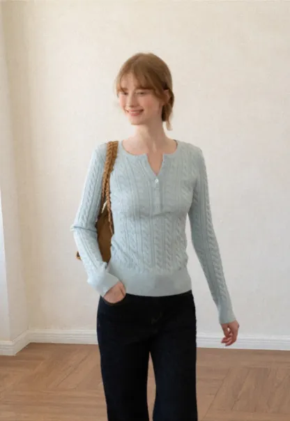 Cable Knit Henley Neck Long Sleeve Woolen Knit Sweater