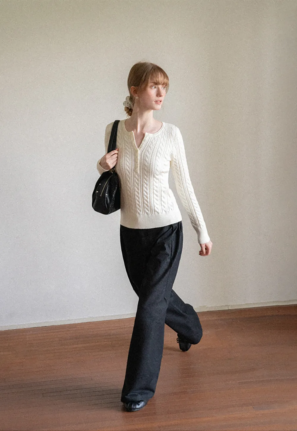 Cable Knit Henley Neck Long Sleeve Woolen Knit Sweater