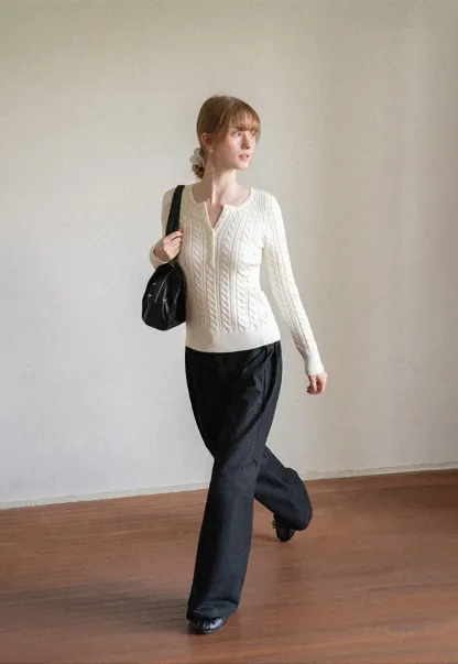 Cable Knit Henley Neck Long Sleeve Woolen Knit Sweater