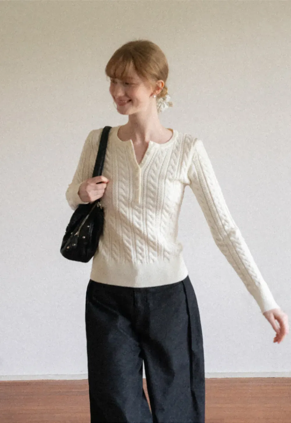 Cable Knit Henley Neck Long Sleeve Woolen Knit Sweater
