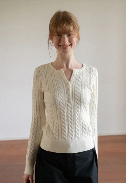 Cable Knit Henley Neck Long Sleeve Woolen Knit Sweater