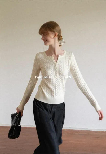 Cable Knit Henley Neck Long Sleeve Woolen Knit Sweater