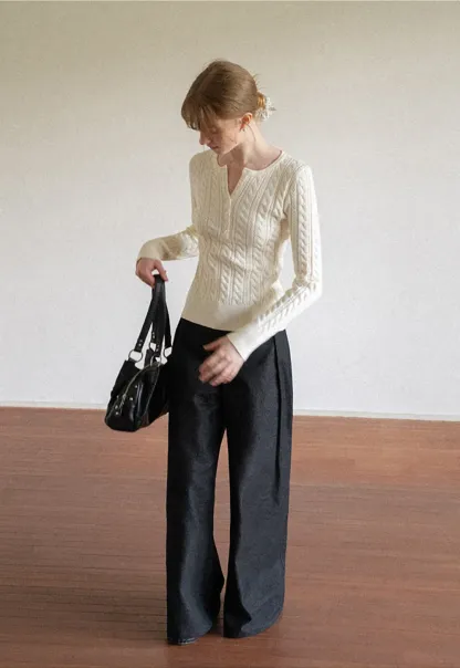 Cable Knit Henley Neck Long Sleeve Woolen Knit Sweater