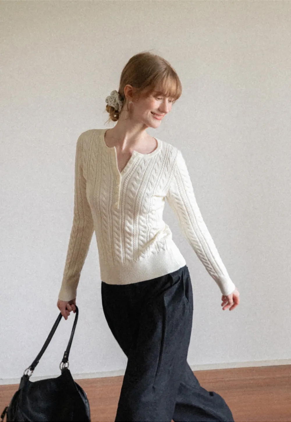Cable Knit Henley Neck Long Sleeve Woolen Knit Sweater