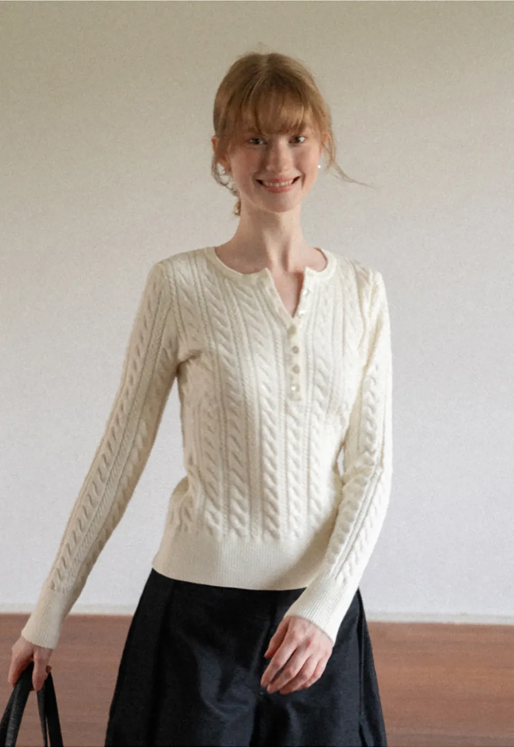 Cable Knit Henley Neck Long Sleeve Woolen Knit Sweater