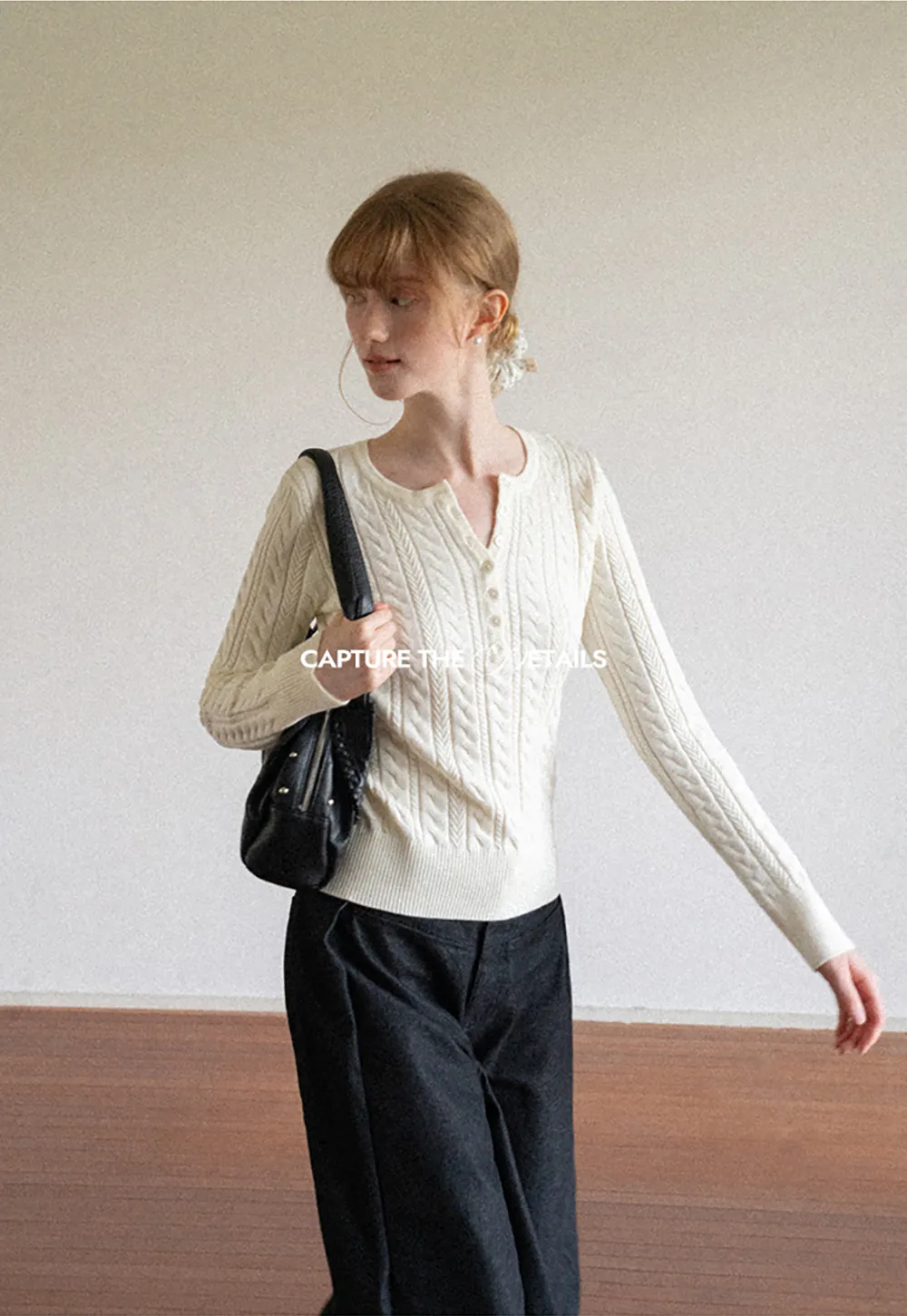 Cable Knit Henley Neck Long Sleeve Woolen Knit Sweater