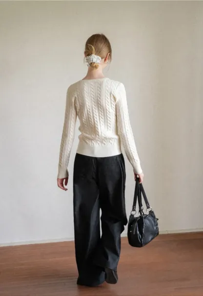 Cable Knit Henley Neck Long Sleeve Woolen Knit Sweater