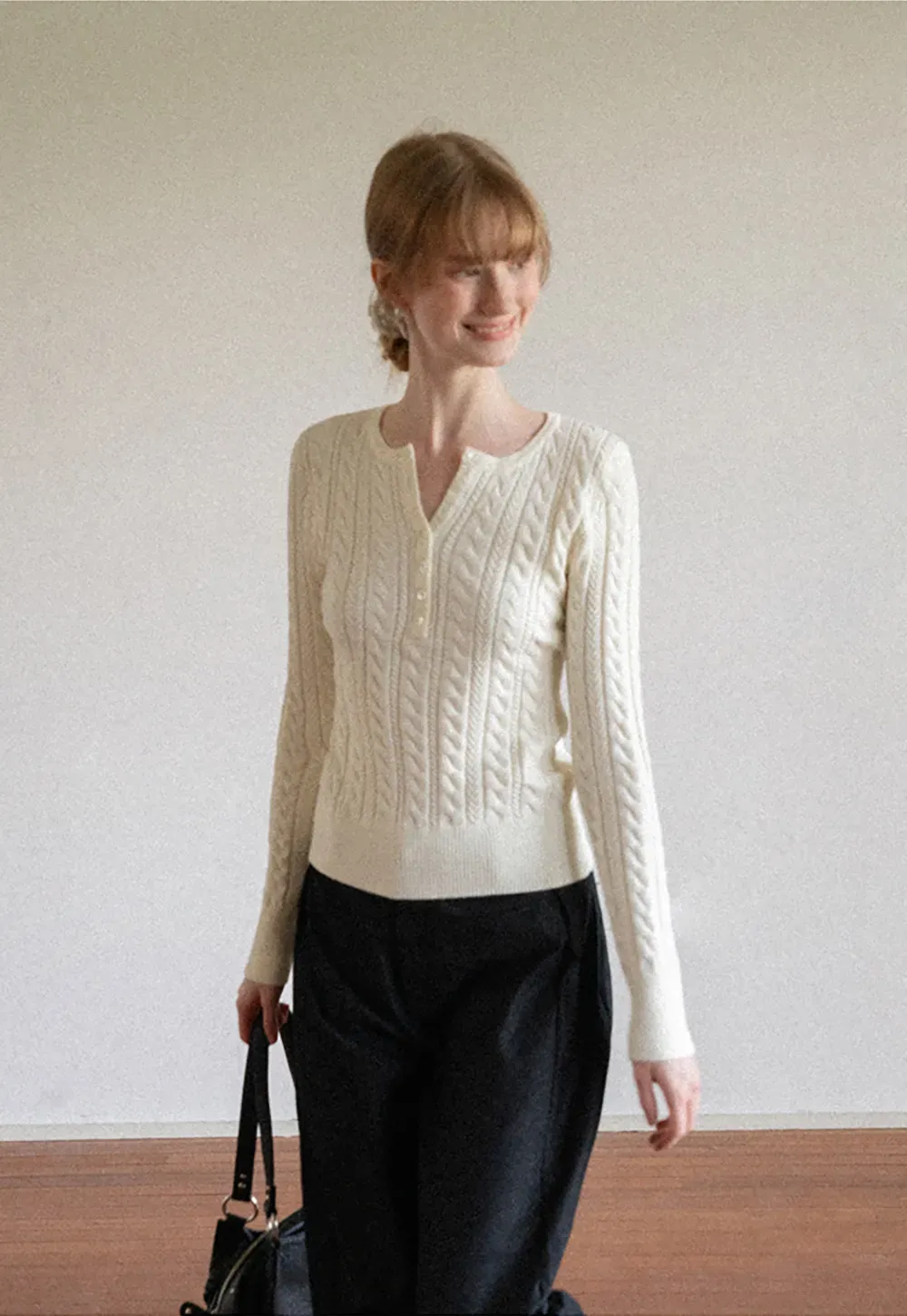 Cable Knit Henley Neck Long Sleeve Woolen Knit Sweater