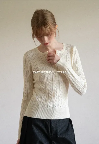 Cable Knit Henley Neck Long Sleeve Woolen Knit Sweater
