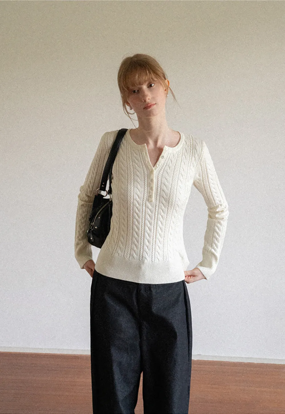 Cable Knit Henley Neck Long Sleeve Woolen Knit Sweater