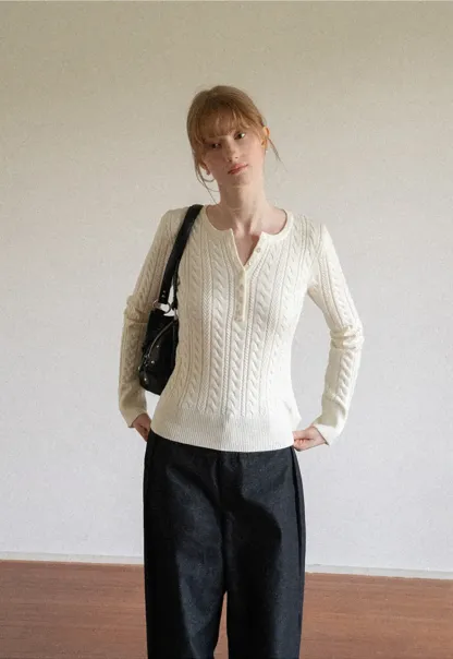 Cable Knit Henley Neck Long Sleeve Woolen Knit Sweater