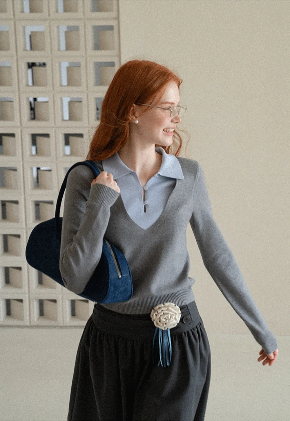 V Neck Layered Collar Wool Knit Sweater