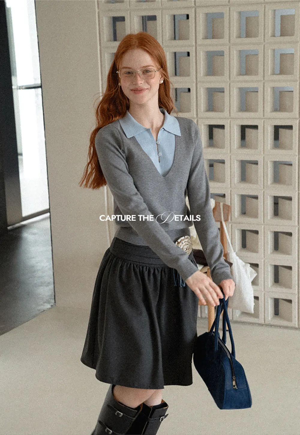 V Neck Layered Collar Wool Knit Sweater