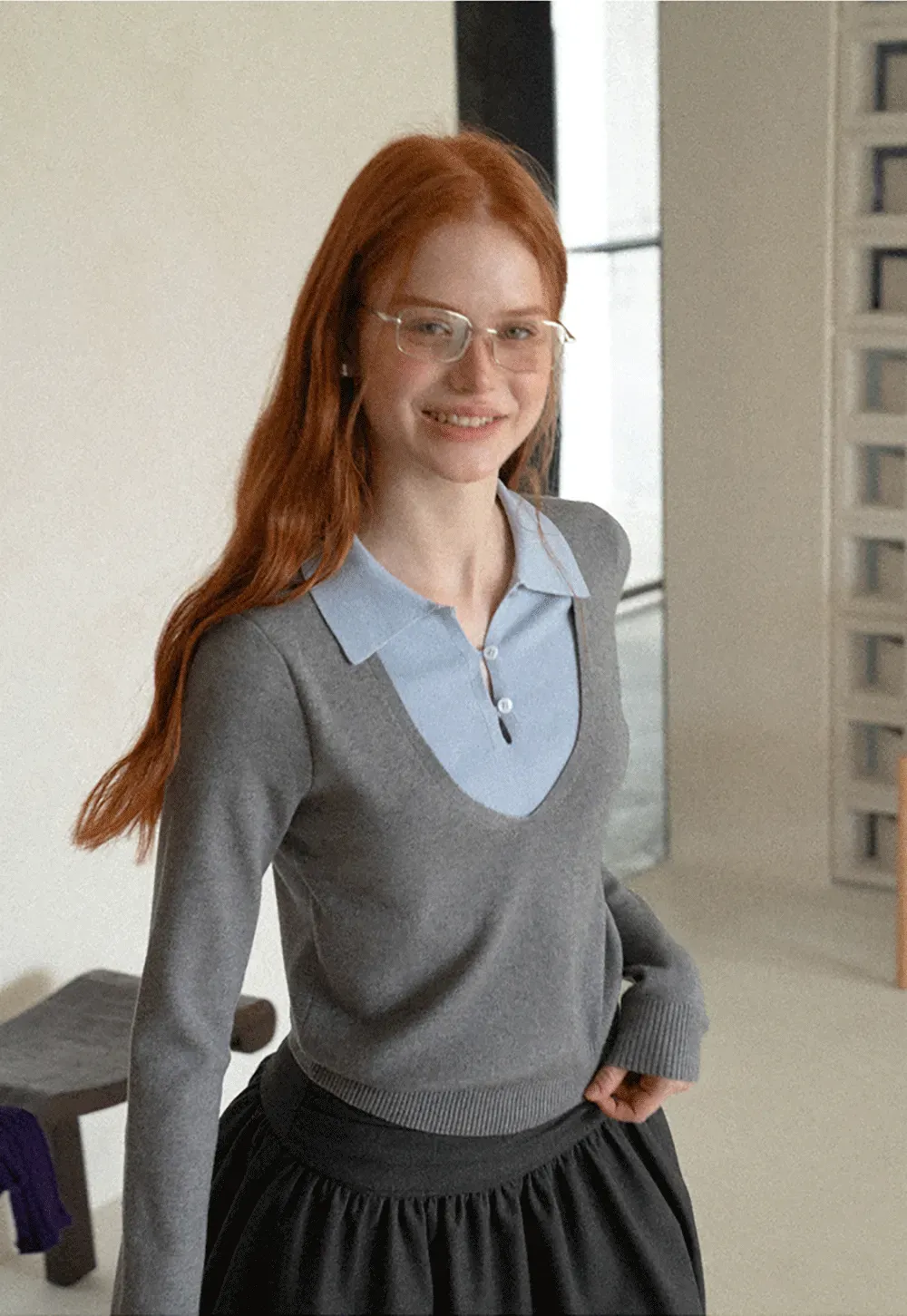 V Neck Layered Collar Wool Knit Sweater