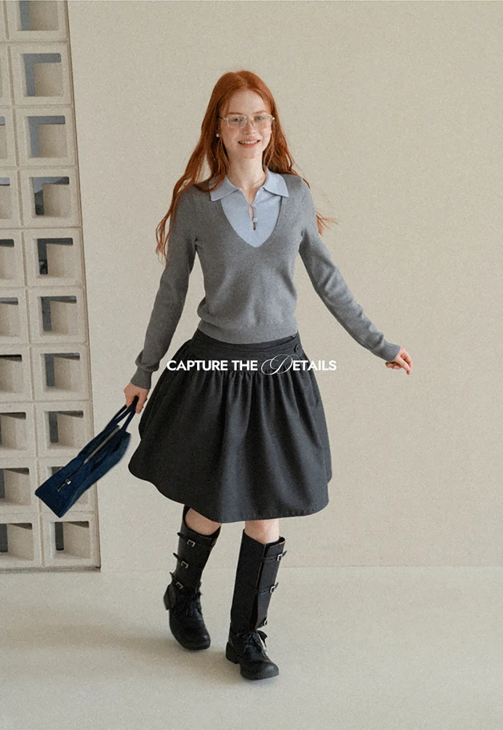 V Neck Layered Collar Wool Knit Sweater
