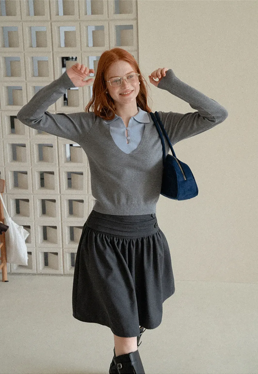 V Neck Layered Collar Wool Knit Sweater