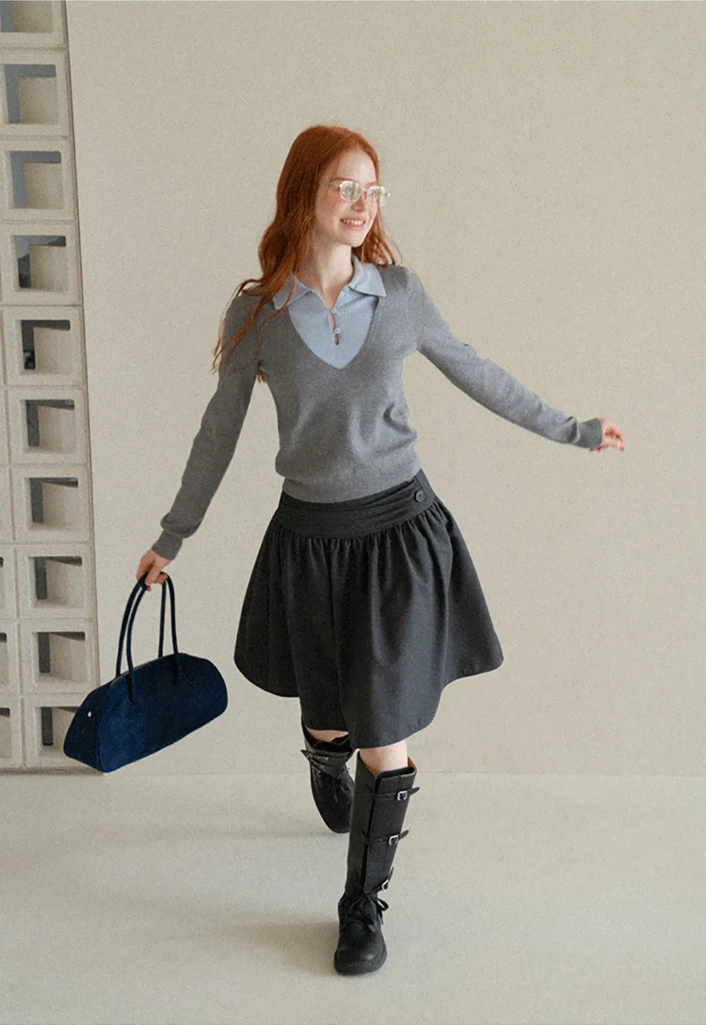 V Neck Layered Collar Wool Knit Sweater