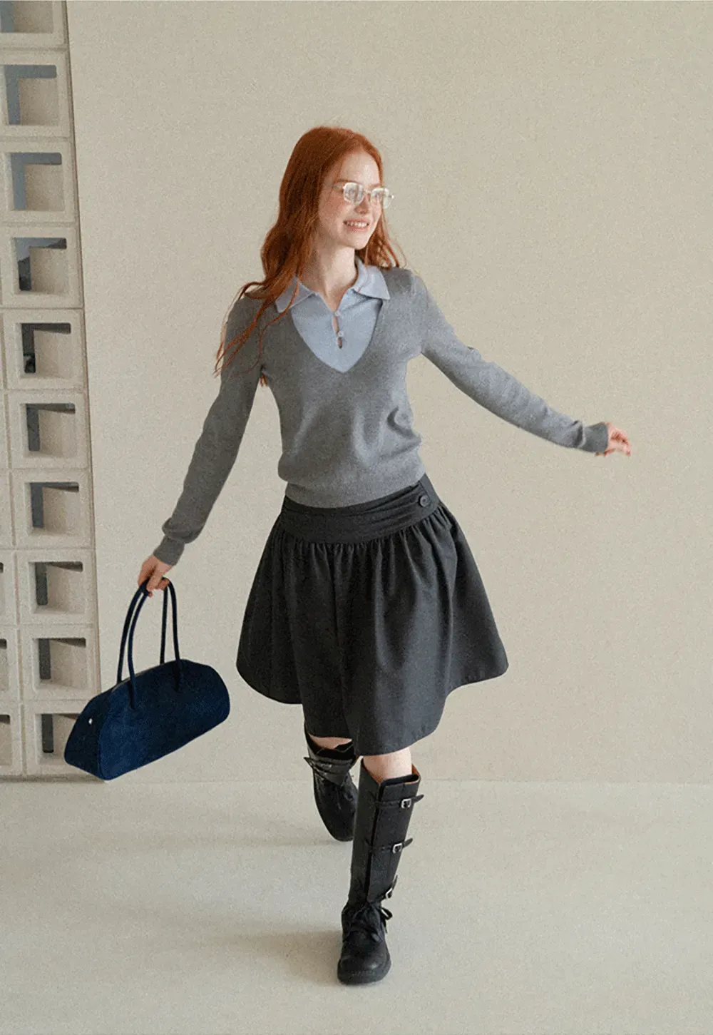 V Neck Layered Collar Wool Knit Sweater
