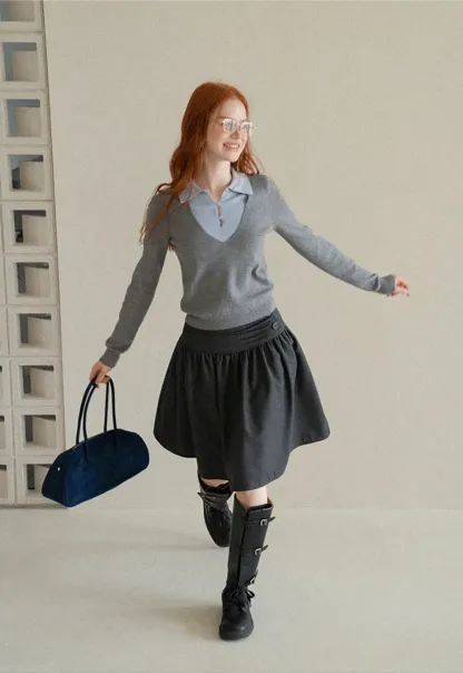 V Neck Layered Collar Wool Knit Sweater