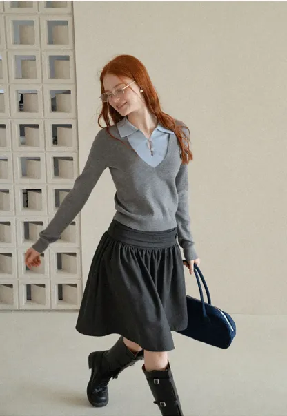 V Neck Layered Collar Wool Knit Sweater