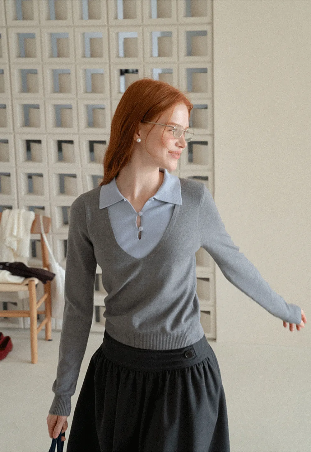 V Neck Layered Collar Wool Knit Sweater
