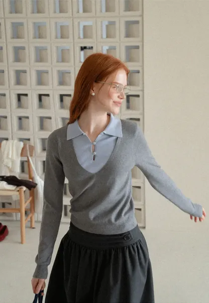 V Neck Layered Collar Wool Knit Sweater