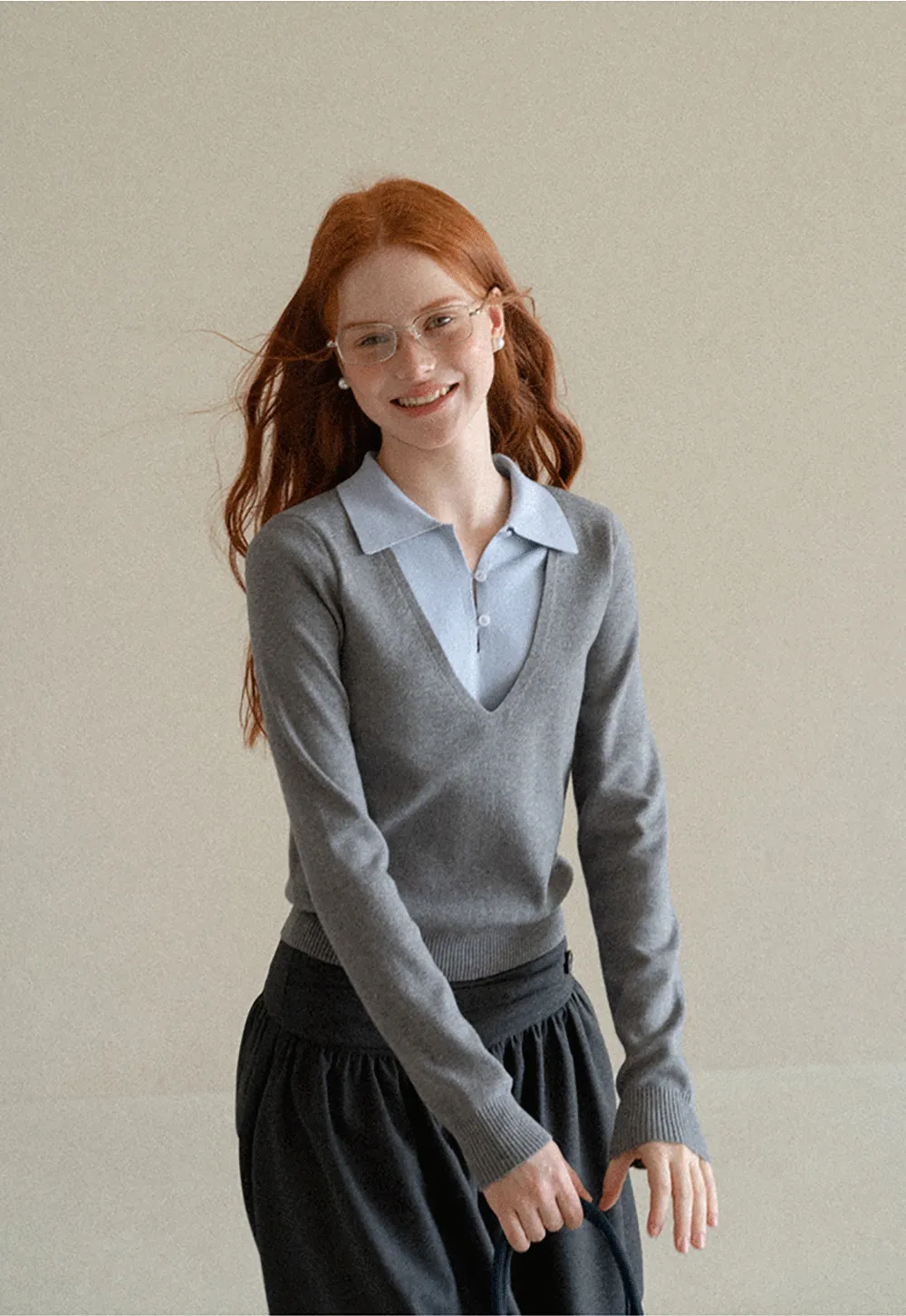 V Neck Layered Collar Wool Knit Sweater