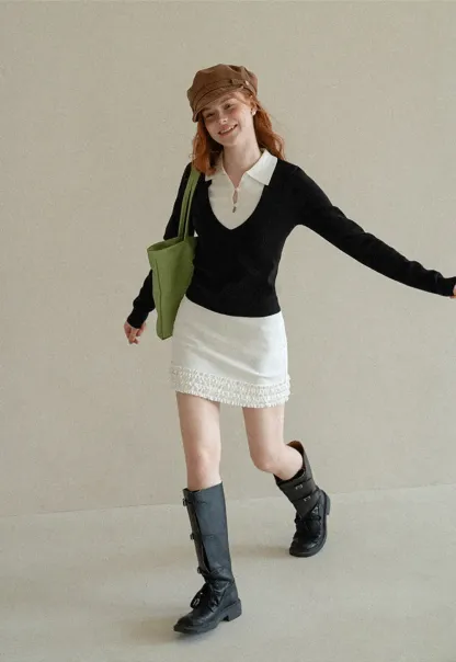 V Neck Layered Collar Wool Knit Sweater