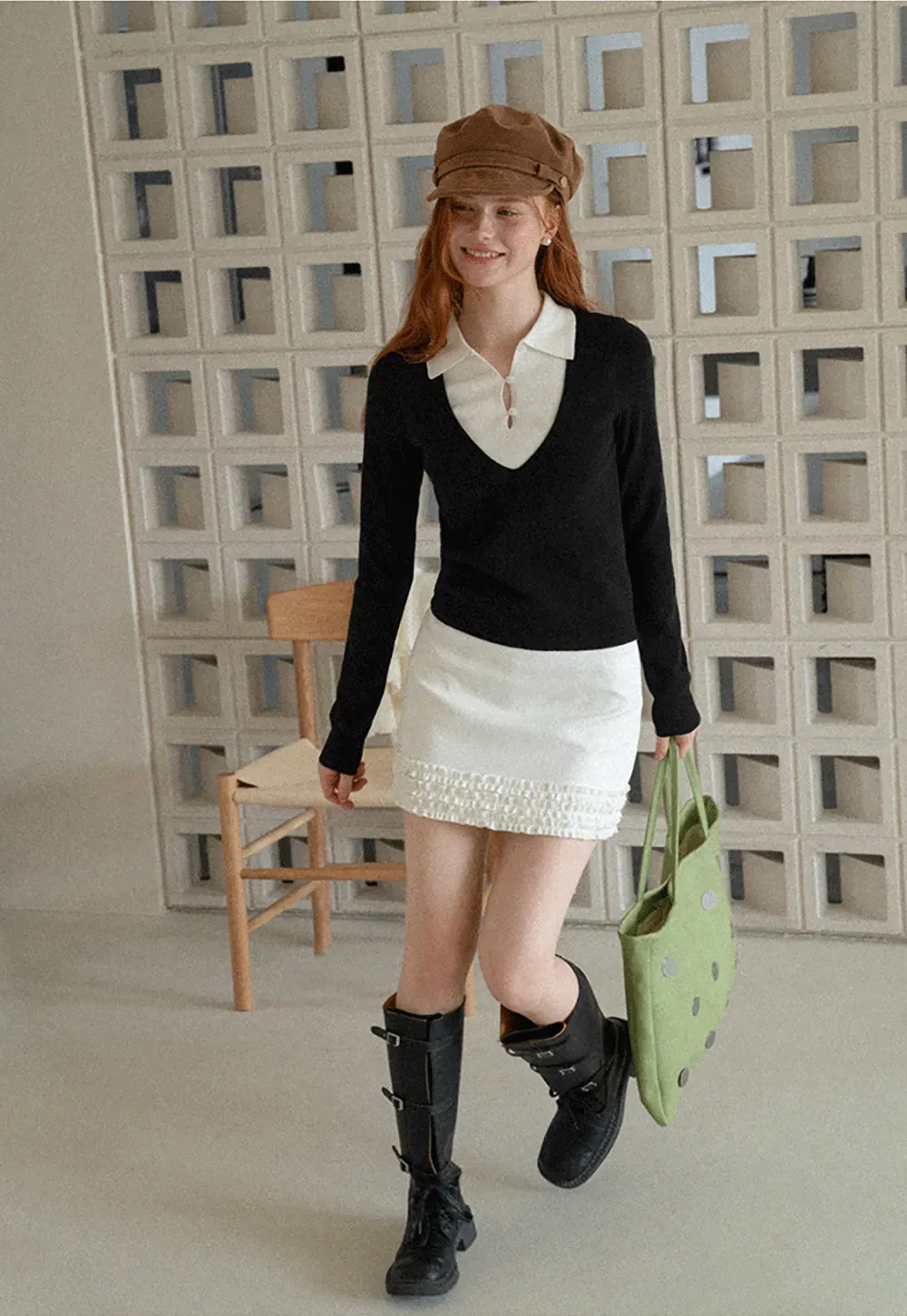V Neck Layered Collar Wool Knit Sweater