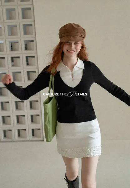V Neck Layered Collar Wool Knit Sweater
