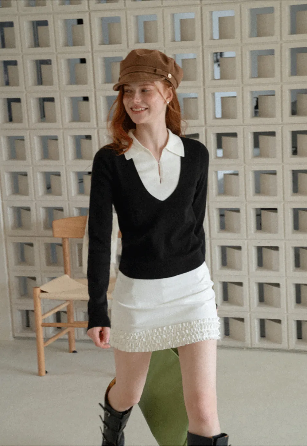V Neck Layered Collar Wool Knit Sweater