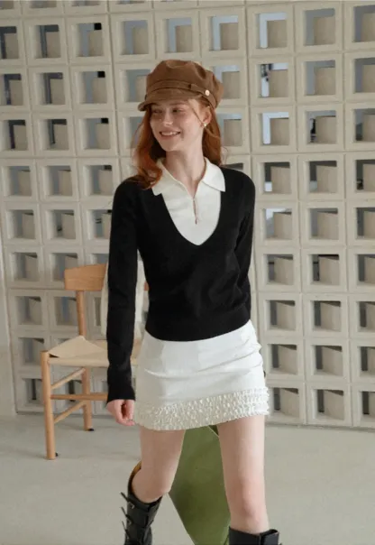 V Neck Layered Collar Wool Knit Sweater