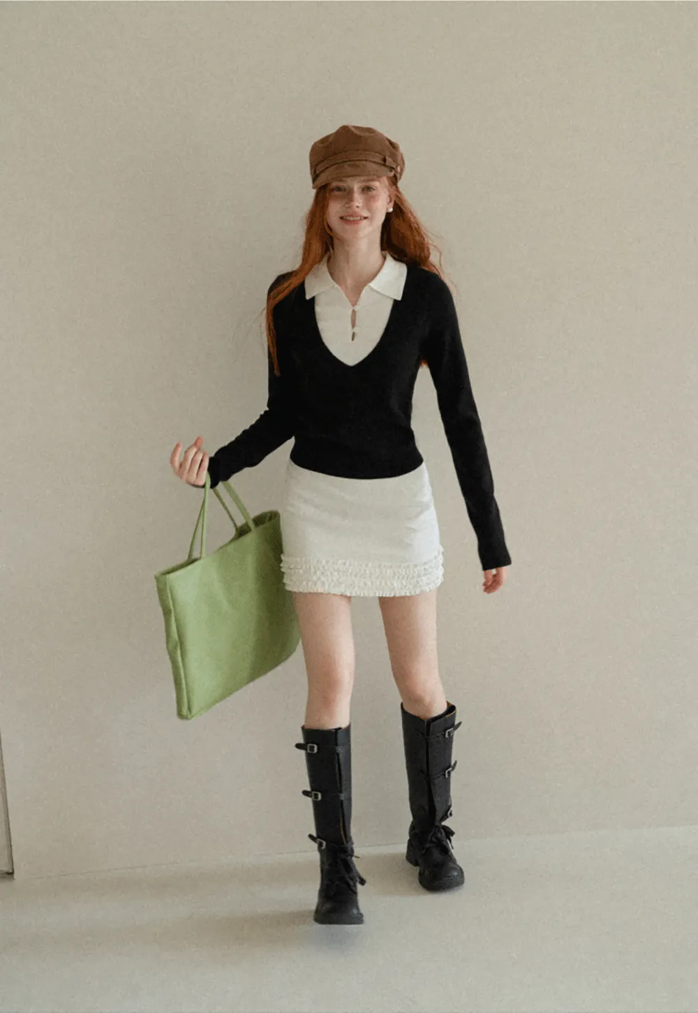 V Neck Layered Collar Wool Knit Sweater