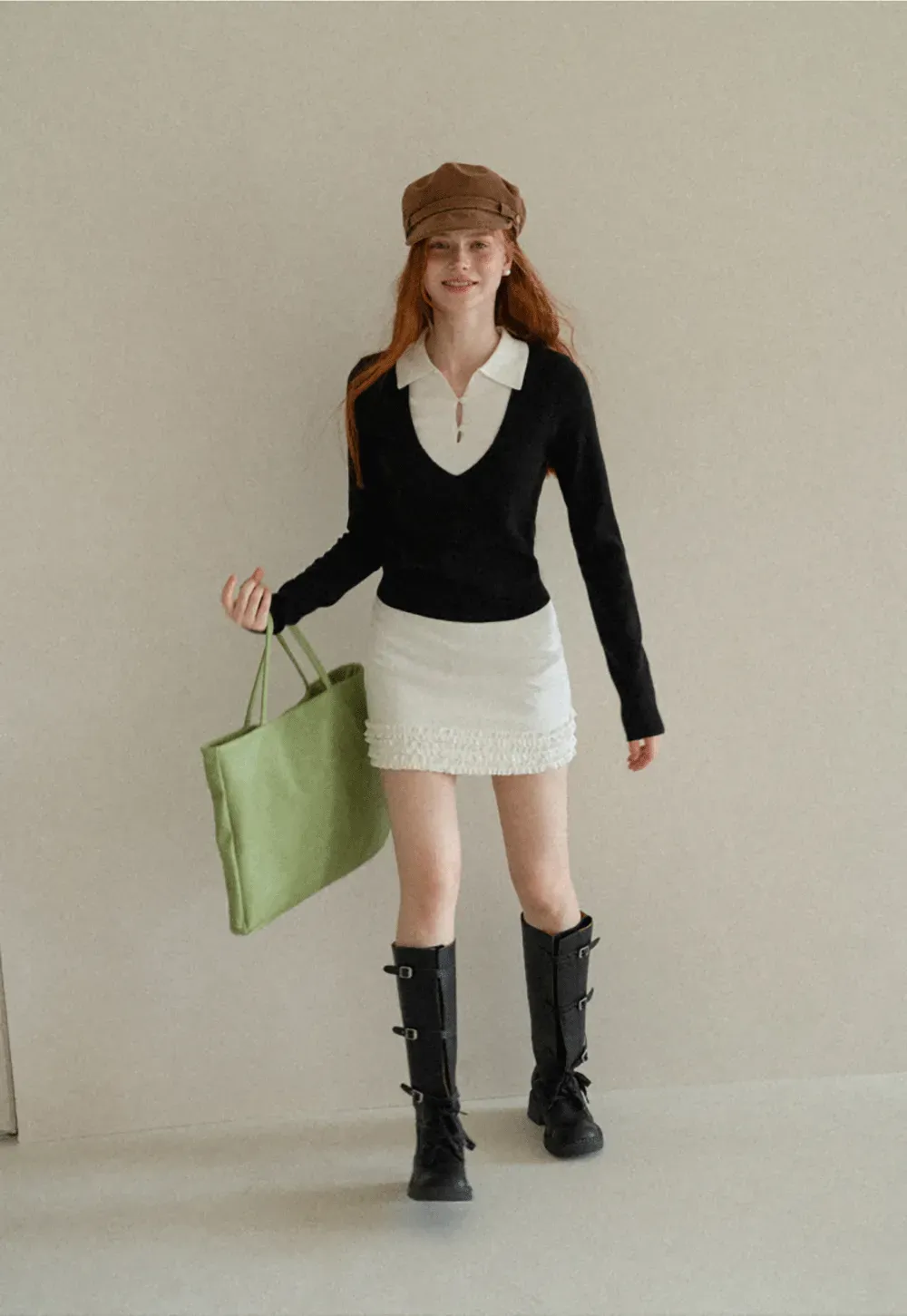V Neck Layered Collar Wool Knit Sweater