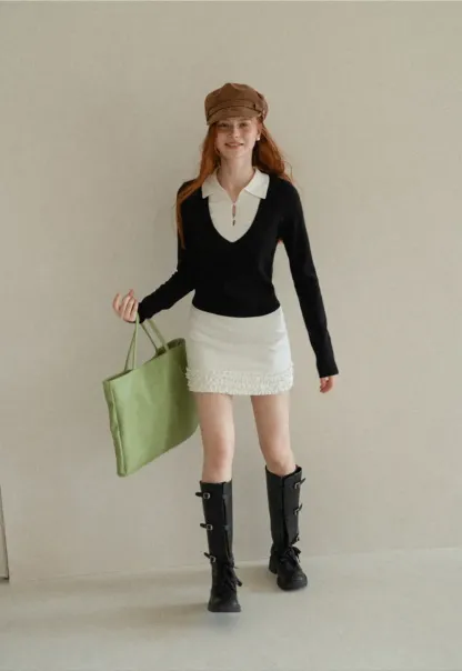 V Neck Layered Collar Wool Knit Sweater