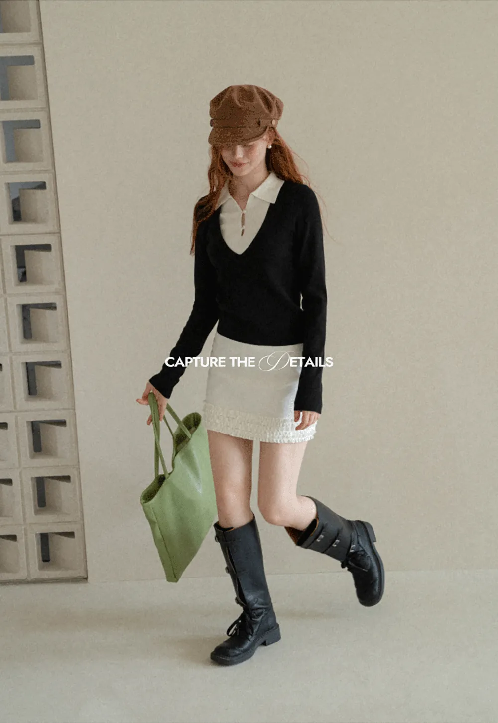 V Neck Layered Collar Wool Knit Sweater