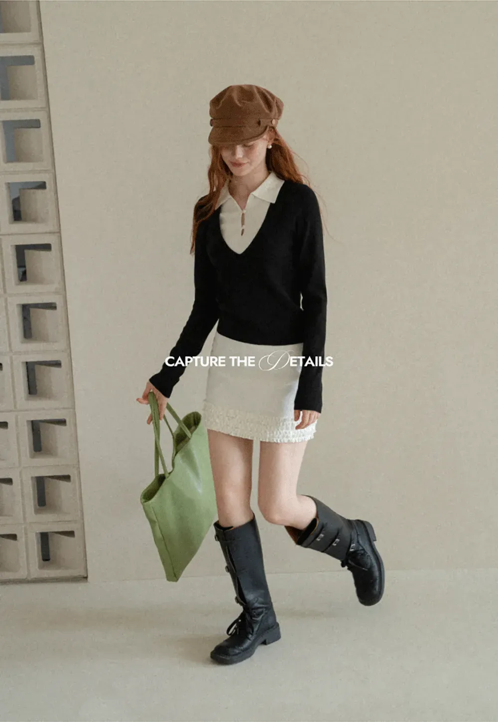 V Neck Layered Collar Wool Knit Sweater