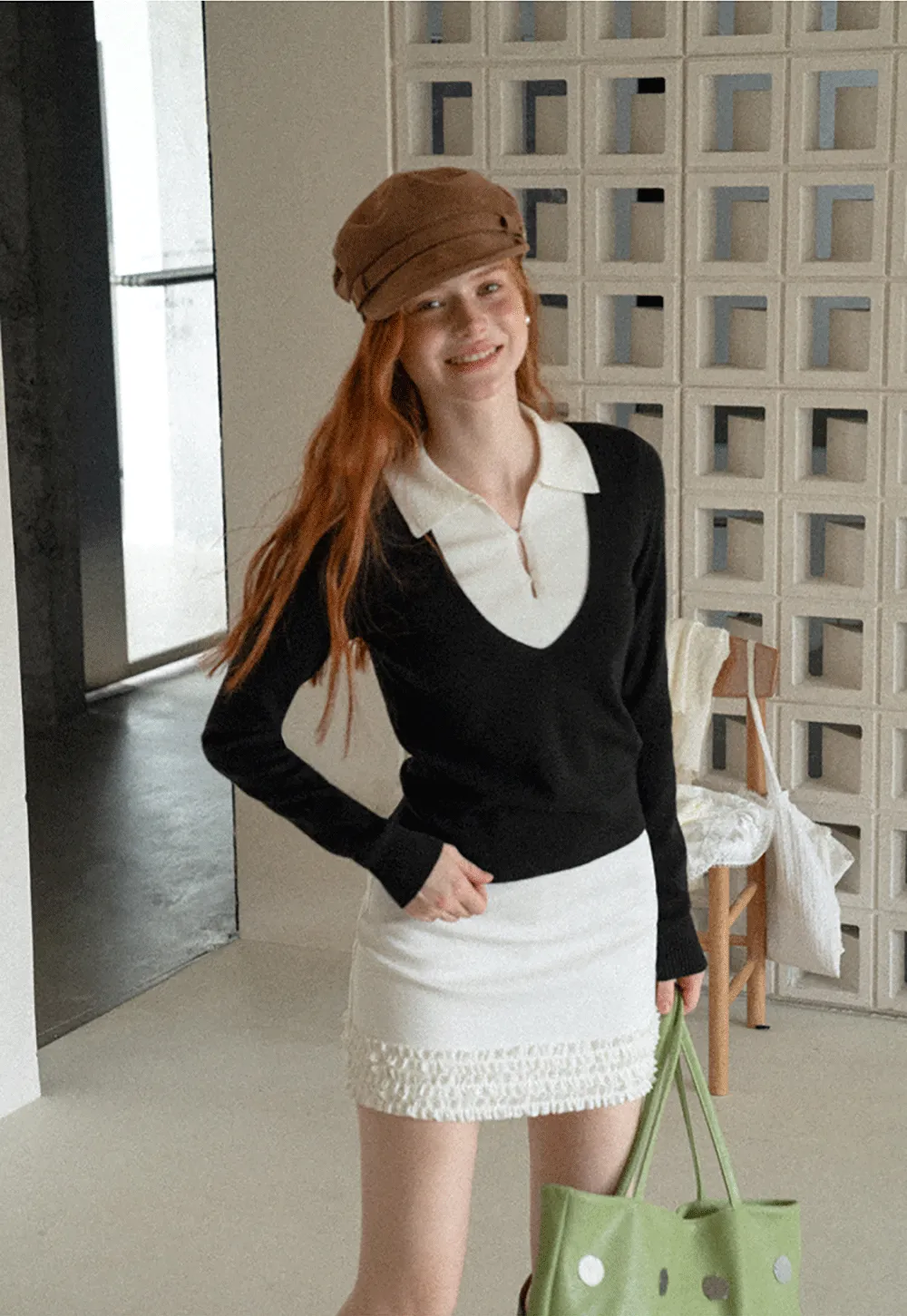 V Neck Layered Collar Wool Knit Sweater