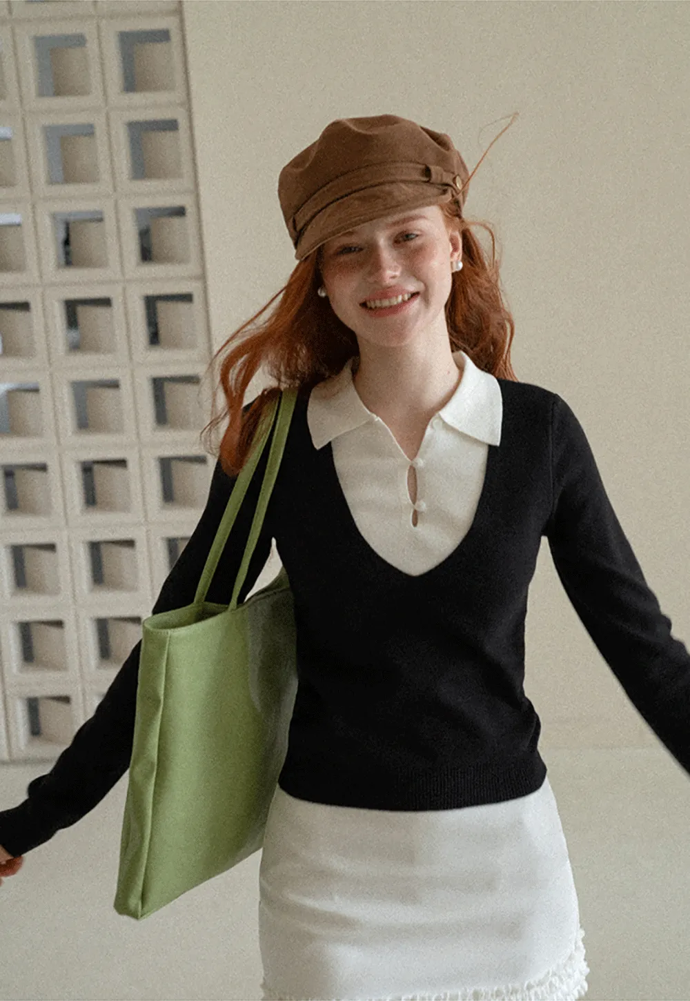 V Neck Layered Collar Wool Knit Sweater