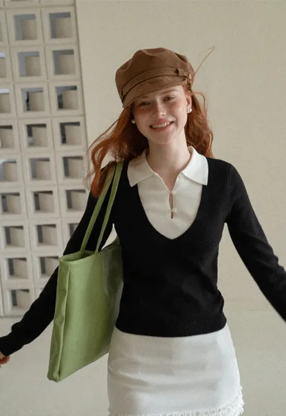 V Neck Layered Collar Wool Knit Sweater