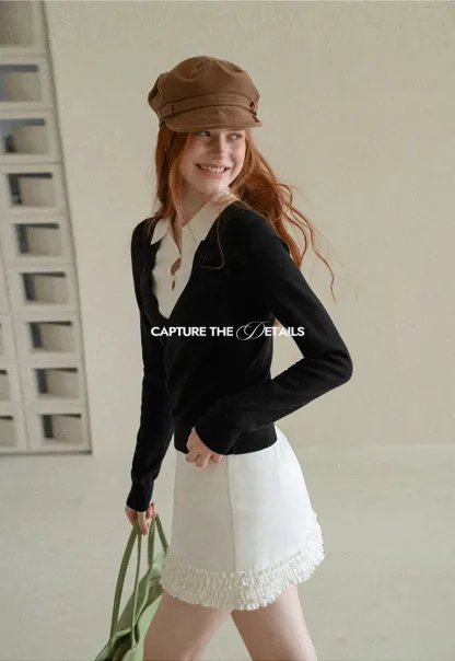 V Neck Layered Collar Wool Knit Sweater