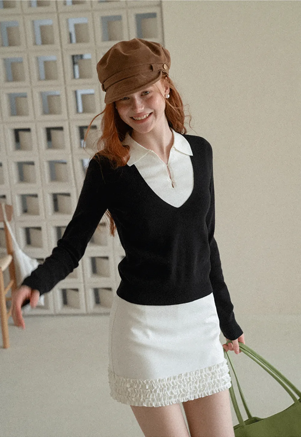 V Neck Layered Collar Wool Knit Sweater